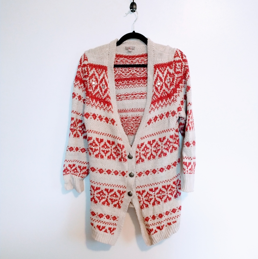 J.jill cardigan patterned in cream and red.  Button front with a small hole, sho